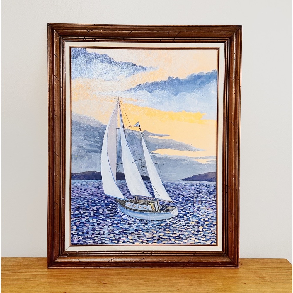 Seascape Sailboat Vintage Painting Sunset